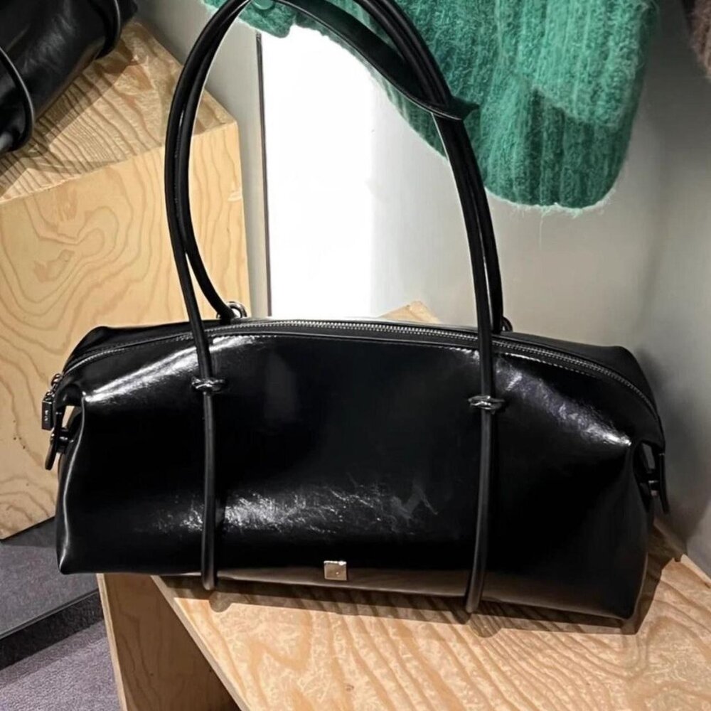 Black waxy leather vegan leather shoulder bag strap not adjustable